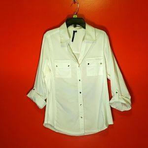 Cathy's Lady's Button Up Blouse with Collar 2 Front Pockets In White